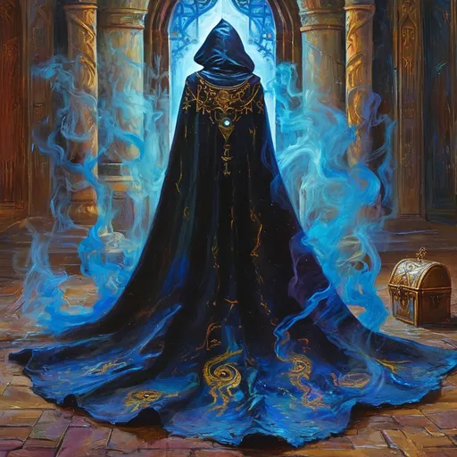 Prompt: oil painting, cloak of midnight, (swirling magical smoke), intricate design details, medieval fantasy ambiance, mystical symbolism, enchanting lighting, a treasure chest adorned with ancient runes, vibrant colors highlighting the magical essence, high resolution, ethereal atmosphere, dynamic energy surrounding the gloves, cinematic depth