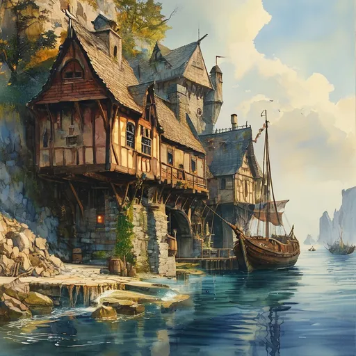 Prompt: (shipwharf), (antique wooden wharf at the waters edge), (cranes and ropes) in intricate detail, medieval fantasy setting, watercolor painting anton pieck style, soft and muted colors, warm ambient lighting, nostalgic atmosphere, charming clutter, whimsical and dreamy quality, ultra-detailed, inviting vibe that captures the essence of craftsmanship and imagination.