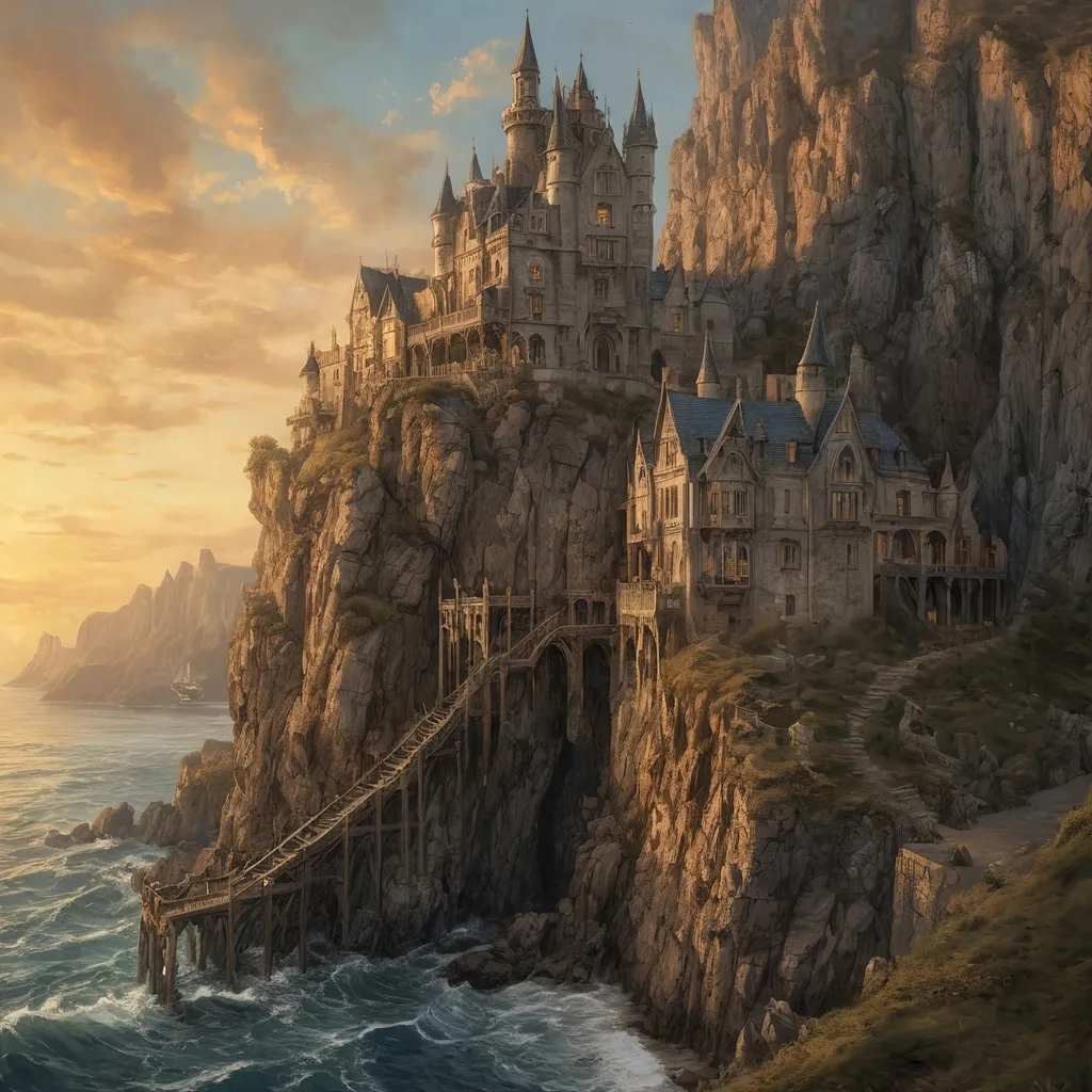 Prompt: photo realistic  gothic castle on ocean cliffs anton pieck style, golden sunset, detailed architecture, integrated in the cliffs, oil painting, high quality, gothic style, docks, dramatic lighting, cliffside setting, intricate details, smugglers route, waterfall atmospheric, sprawling mansion, sunlit ocean, moody atmosphere