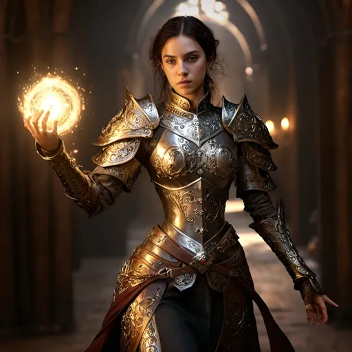 Prompt: Photo-realistic full body digital art of a beautiful female DnD mage, magical eyes, full body,  movement, magic illuminating swirls, fighting,  detailed face, magic spellls, elaborate victorian armor with intricate details, high definition, warm tones, dramatic lighting, intense action, fantasy setting, high-quality, female, DnD character, hybrid humanoid, elaborate armor, high definition, realistic style, dramatic lighting, detailed facial features, action movement