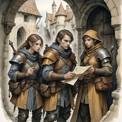 Prompt: detailed watercolor and pencil painting, (diverse fantasy races of DnD adventurers), medieval fantasy, looking at a map in the dungeon, dark shadows, tens situation, (anton pieck style) , (beautiful detailed faces), (medieval fantasy Setting),  (detailed character designs with backpacks and gear), (immersive composition).