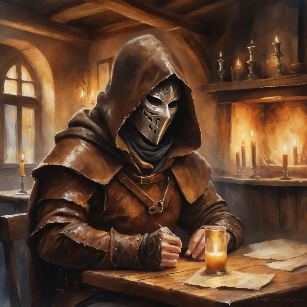 Prompt: (mysterious hooded and masked figure in leather armor), tavern setting, in the shadows, leonid afremov style, medieval fantasy setting, dim lighting, intricate rustic interior, antique wooden furniture, flickering candles, smoky atmosphere, watercolor painting style, muted earth tones, soft and subtle brush strokes, high quality.