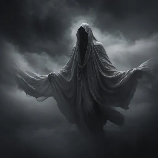 Prompt: digital art of gohst draped in shrouds floating coming forth from black fog rolling cloud, dark lighting, 