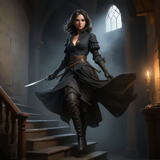Prompt: photo realistic Medieval fantasy full body illustration of a skilled maid assassin, levitating, striding, dark hair, detailed flowing robes, victorian maid outfit, mysterious and stealthy demeanor, ready to strike, intricate magical illuminated dagger, leather gloves, high fantasy setting, head cloth, black leather boots, mannerhouse, going up the stairs, silhouette in the background, detailed satin fabric with rich textures, piercing and determined gaze, best quality, high fantasy, detailed robes, assassin, medieval, skilled, stealthy, mysterious, determined gaze, professional, dark room, shadows, night time, fog