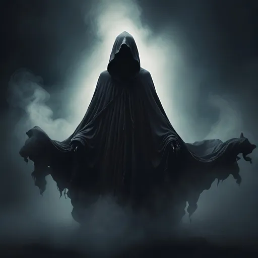 Prompt: shrouded ghost shape, hooded ghost  appearing from black fog, wrapped in fog, black smoke, floating, mysterious silhouette, eerie atmosphere, rags, high quality, flowing billowing outfit, detailed, digital art, dark fantasy, cool tones, atmospheric lighting, haunting presence, detailed cloak, menacing gaze, best quality, highres, ultra-detailed, digital art, dark fantasy, cool tones, mysterious, atmospheric lighting