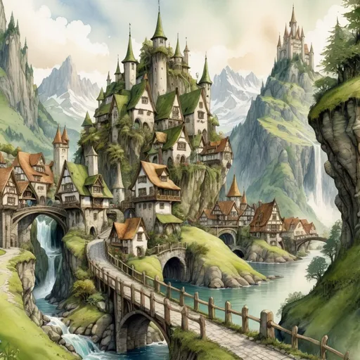 Prompt: realistic water color painting of a  distand Anton Pieck-style elf town of quaint elegant nature inspired towers and spires on the coast of a mountain lake, moss roofs, lush green, elven population, cobble stone, sharp strokes, giant trees, crowds on the road, cascading waterfall,  high quallity, connected paths, high resolution, detailed, wood bridge, majestic mountains in the background, castle in the background, detailed and vibrant, high quality, Anton Pieck style, elf village, nostalgic, warm tones, lush green fields, cascading waterfall,