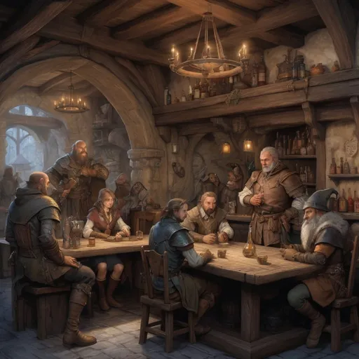 Prompt: anton pieck-style tavern with DnD adventurer characters ,medieval fantasy, high detail faces, dragon x elf, oil painting,  high-quality,   professional lighting, ultra-detailed, dignified stance,  professional lighting