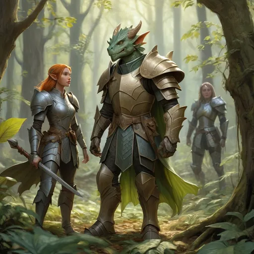 Prompt: fresco of a full body scene of a Dragonborn and a DnD Elf paladin character, medieval fantasy, group of adventurers in the background, Walking through a broad leaf forest, sketch art, intricate Victorian armor, detailed scales, high quality, medieval fantasy, intricate armor, mythical creatures, dramatic lighting, intense atmosphere, detailed facial features, fantasy illustration