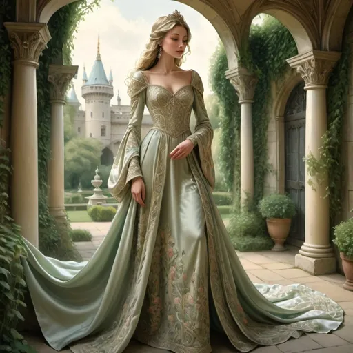 Prompt: Highly detailed digital art of a princess in flowing satin silk gown, palace garden, Anton Pieck style, medieval fantasy, intricate patterns, ornate cloth, royal attire, detailed realistic clothing folds, lush greenery, soft pastel tones, romantic lighting, professional, ultra-detailed, fantasy, medieval, satin gown, palace garden, Anton Pieck style, ornate architecture, lush greenery, romantic lighting, royal attire, intricate patterns, soft pastel tones, flowing fabric, professional lighting