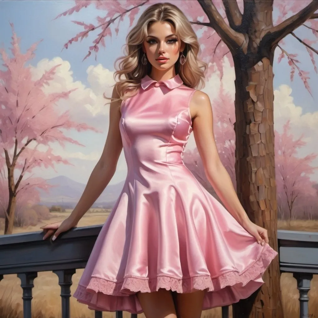 Prompt: Hot girl in a sissy satin A-line dress, oil painting, detailed features, high quality, professional, elegant, satin finish, detailed facial features, flowing fabric, sensual, warm and soft lighting, oil painting, pink tones, fully body, high heels, boots, outdoors