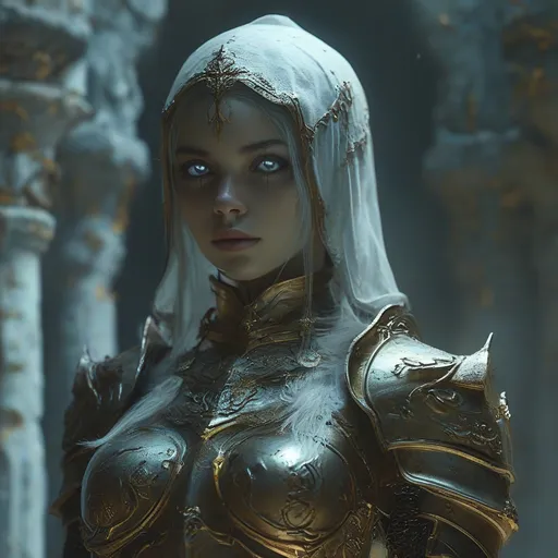 Prompt: realistic, (gheist female guard), (hovering ancient spirit), semi-transparent, ghostly appearance, illuminated, ancient medieval fantasy armor, eerie glow, tranquil atmosphere, surrounded by an ancient shrine, tomb adorned with mystical symbols, misty background, tranquil mood, high detail, ultra-detailed, 4K resolution, captivating aura.