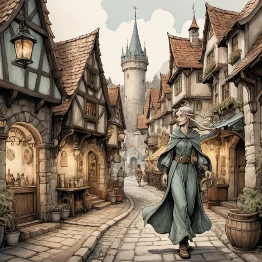 Prompt: Ink painting of a vintage fantasy DND character, female elf mage walking in Anton Pieck style, line art, quaint harbor village, detailed elven features, flowing robes, bustling marketplace, charming cobblestone streets, antique color palette, delicate line work, atmospheric lighting, high quality, detailed, fantasy, vintage, DND, female elf, quaint village, bustling marketplace, ink painting, Anton Pieck style, line art, charming streets, vintage colors, detailed features, atmospheric lighting