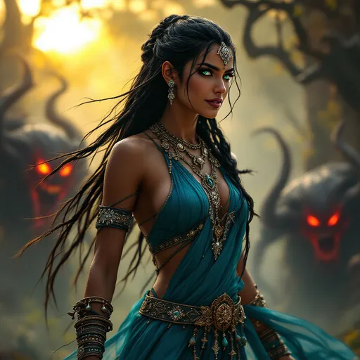 Prompt: Digital art of a gorgeous woman, Adivasi-inspired character, fierce stance (fighting against dungeon monsters), medieval fantasy setting, vibrant colors, dramatic lighting, intricately detailed high heels, flowing light summer dress, enchanting atmosphere, imaginative creatures looming in shadows, lush background elements, high quality, ultra-detailed, captivating scene capturing bravery and beauty.