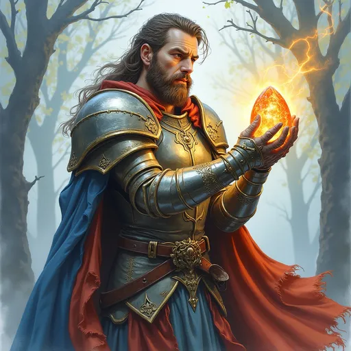 Prompt: (pencil watercolor painting) Justin Gerard style, D&D character paladin, holding a crystal dragon egg, (magical aura) glows softly around the paladin, intricate armor details and flamboyant cape, enchanting landscape background with fantasy elements, muted pastels and vibrant highlights, ethereal lighting creates a sense of wonder, ultra-detailed, inviting a narrative spirit and fantasy adventure.