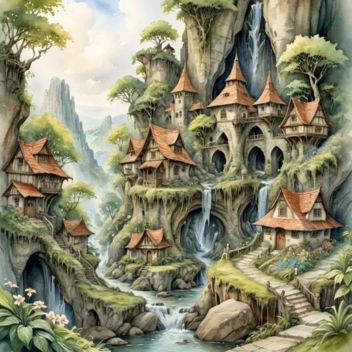 Prompt: (anton pieck style watercolor painting) jungle village, medieval fantasy, cliff site, roots and trees, towers and turrets, enchanting scene, serene stream, cascading waterfall, rustic stone and wooden houses, lush green foliage, vibrant flowers, soft natural lighting, tranquil ambiance, whimsical cloud patterns in the sky, ultra-detailed, masterpiece quality, enchanting atmosphere.