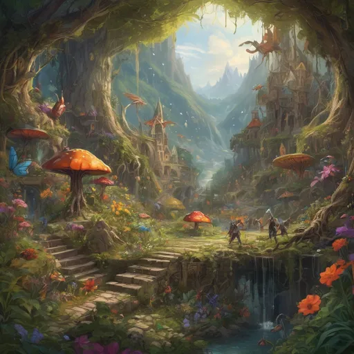 Prompt: (tiny DnD adventurers in a supersized macro world), (majestic flowers and roots), (medieval fantasy setting), (colossal insects), vibrant colors, cheerful sunlight, ultra-detailed, oil painting style, good lighting, lush greenery, expansive vista, fantastical elements