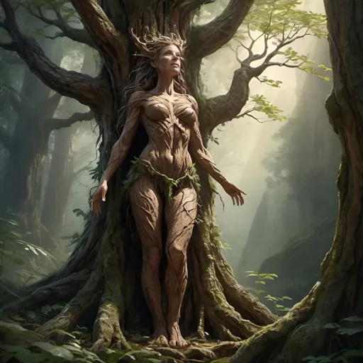 Prompt: full  body female Tree ent emerging from the forest, mountainous region, dense foliage, rugged bark texture, mystical atmosphere, high quality, realistic, fantasy, earthy tones, dappled sunlight, majestic presence, towering figure, ancient guardian, detailed foliage, atmospheric lighting, nature, fantasy art