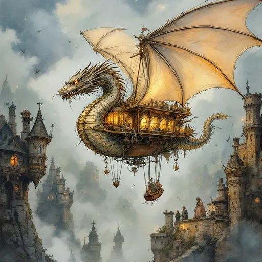 Prompt: airship in the shape of a winged dragon, intricate detail, medieval fantasy setting, watercolor painting anton pieck style, soft and muted colors, warm ambient lighting, filled with dust motes, nostalgic atmosphere, charming clutter, whimsical and dreamy quality, ultra-detailed, inviting vibe that captures the essence of craftsmanship and imagination.