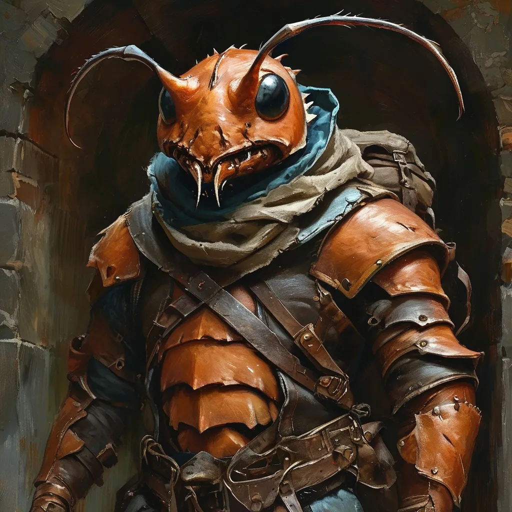 Prompt: (humanoid ant), DnD character, mandables, carapas, medieval adventurer, dungeon crawling, exploring dimly lit dungeon,  richly detailed oil painting, sturdy leather backpack, atmospheric shadows, mysterious ambiance, high-quality craftsmanship, dynamic composition, encapsulating the spirit of adventure and discovery.