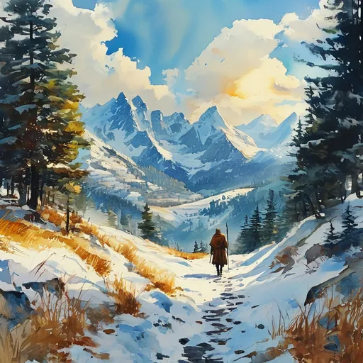 Prompt: (anton pieck style watercolor painting), mendless path in the snow, over the ridges of high mountains, (glorious wide view), golden sunbaked clouds, sunny winter day, lone traveler, medieval fantasy, serene atmosphere, intricate details of snow, vibrant yet warm color tones, captivating lighting, immersive depth, tranquil and enchanting scene, (4K ultra-detailed) quality.