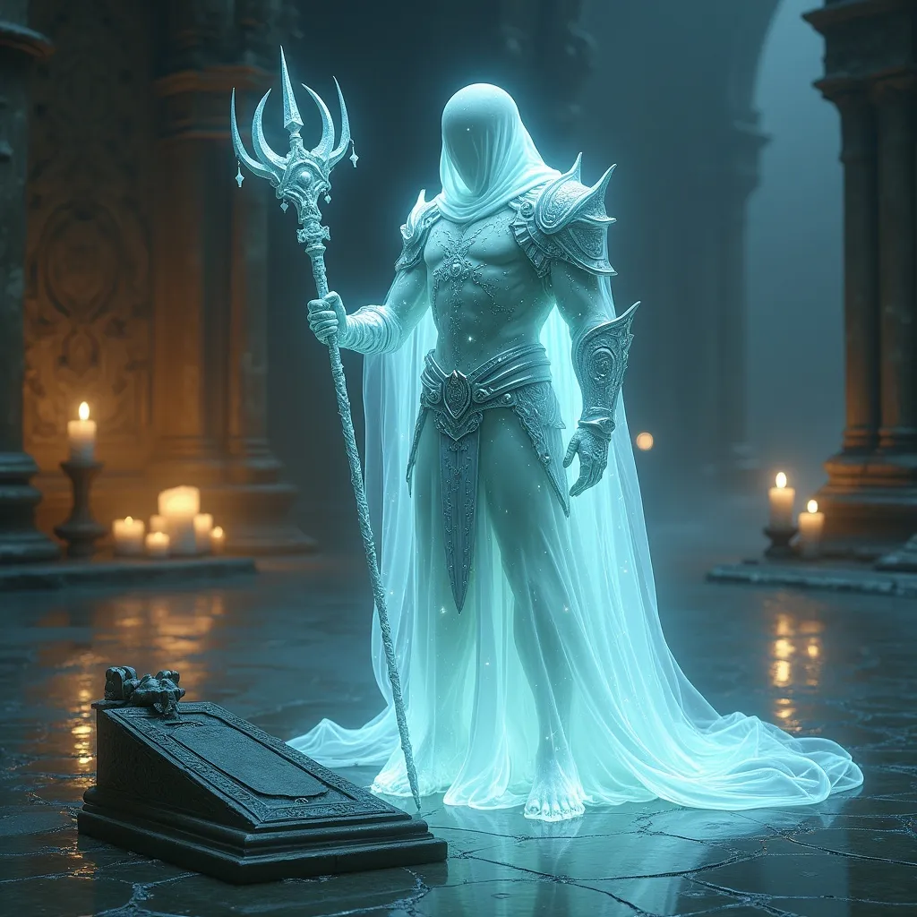 Prompt: (illuminous soldier spirit), see through, guarding a temple, ghostly appearance, medieval fantasy setting, DND adventure, soft mystical lighting, serene glossy tiles reflecting luminous patterns, sacred ambiance, ornate grave nearby, tranquil atmosphere, enchanting details, enchanting visuals, luminous surroundings, ultra-detailed, high quality, symbols of protection and spirituality.