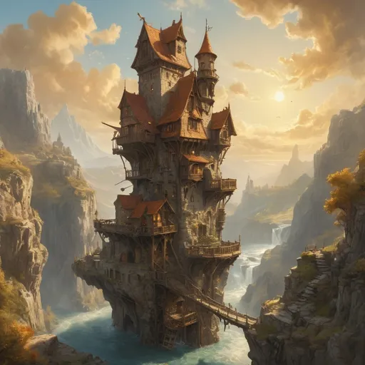 Prompt: (flying ship docked a balcony of a flying floating mage's tower), anton pieck style, oil painting, (golden clouds), sun's rays, rocky valley, wild stream, medieval fantasy, magical atmosphere, vibrant and warm colors, cinematic depth, highly detailed background, rugged landscape, serene ambiance, whimsical and enchanting scene, ultra-detailed, 4K.