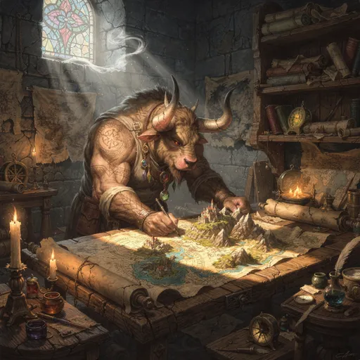 Prompt: In a dimly lit chamber brimming with ancient scrolls and maps, a powerful minotaur in artisans cloths, leans over a vast oak table, its strong horns casting sharp shadows against the walls. The creature, with meticulously carved lines on its muscular frame, has an expression of intense focus as it draws intricate, precise elements on a faded magical parchment spread before it, making a magical 3d land map. A light shining through some stained glass window illuminates the swirling dust motes in the air, while a gentle, mystical breeze rustles the edges of the maps, hinting at distant lands yet to be explored. In the background, shelves overflow with compasses and celestial instruments, nestled amid scattered ink pots and quills, evoking a sense of timeless craftsmanship in this enchanting, fantasy realm. This scene could be captured in a dark fantasy concept art style, emphasizing rich textures and dramatic contrasts. in August Wilhelm Leu style