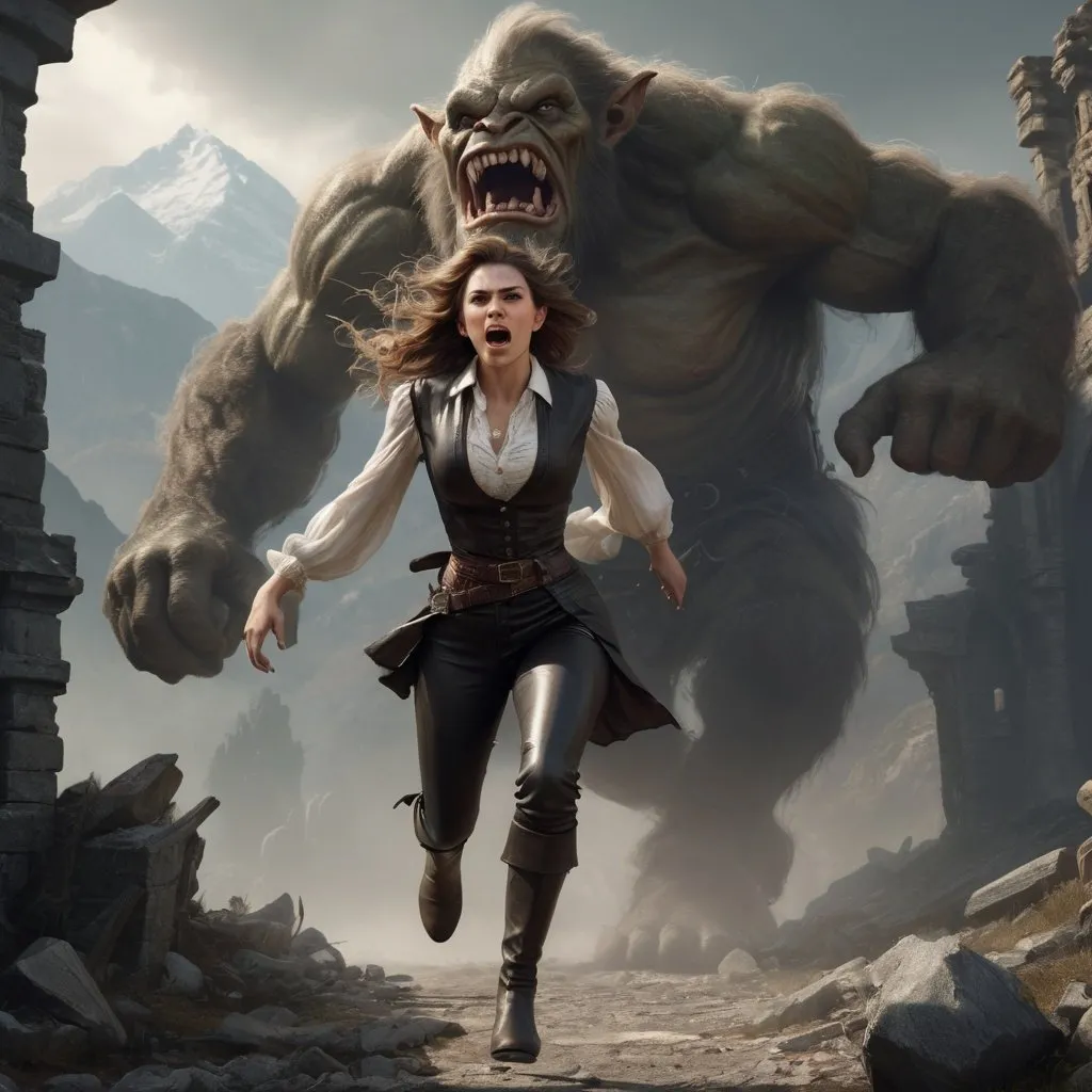 Prompt:  realistic Gorgeous DnD character woman in leather pants and victorian style blouse, mantel and boots, running through ruins being chased by a large mountain troll, high quality, detailed, side view, pretty face, scared eyes, fantasy, action, victorian style, ruins, mountain troll, intense chase, professional, atmospheric lighting