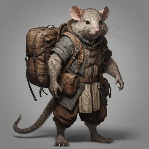 Prompt: digital art, full body medieval fantasy packrat, DnD style character, realistic, high detail, full body, huge cumbersome backpack, straps, detailed fur