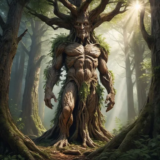 Prompt: full  body Tree ent emerging from the forest, mountainous region, dense foliage, rugged bark texture, mystical atmosphere, high quality, realistic, fantasy, earthy tones, dappled sunlight, majestic presence, towering figure, ancient guardian, detailed foliage, atmospheric lighting, nature, fantasy art