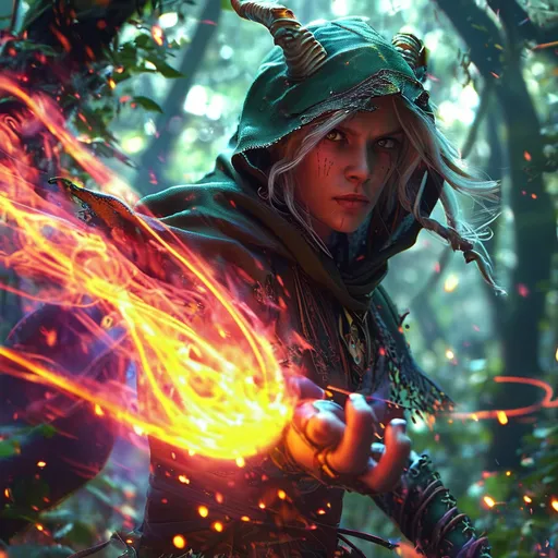 Prompt: (Minatour warlock character in action pose), surrounded by a mystical forest, shimmering spells swirling in the air, firing a vibrant fireball, (highly detailed), dynamic lighting, (fantastical atmosphere), lush greenery in the background, soft light filtering through the trees, (epic fantasy vibe), intense focus on the character’s expressions, (ultra-detailed, 4K resolution).