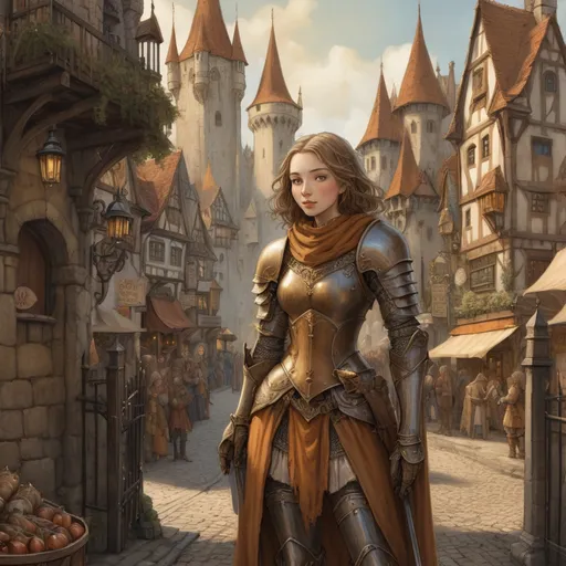 Prompt: (a pretty medieval fantasy female city watch), (intricately designed armor), standing resolutely at the gates of a bustling town, (Anton Pieck style painting), warm earthy tones, detailed scenery, charming whimsical atmosphere, bustling market in the background, subtle highlights on armor, (classic artistry), enchanting and inviting vibe, (4K), high-quality, ultra-detailed, cinematic depth.