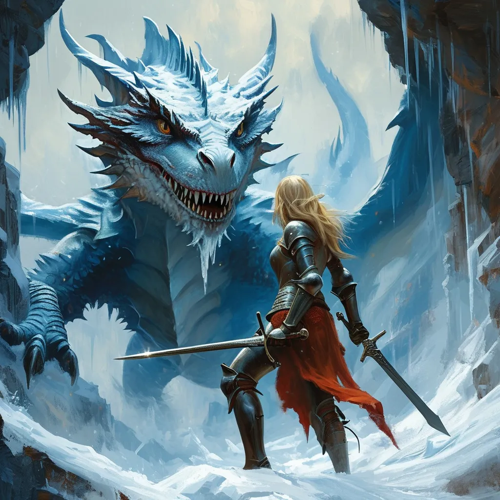 Prompt: oil painting of a (frost dragon ambush), scene of intense medieval fantasy, against a (female warrior) poised for battle with shield and sword, surrounded by swirling ice and frost, cold blue tones, dark, moody atmosphere, detailed dragon features glistening with ice, battle-ready stance with a sword in hand, intricate armor designs reflecting icy textures, snowy landscape background, high-quality 4K resolution, ultra-detailed and dynamic composition.