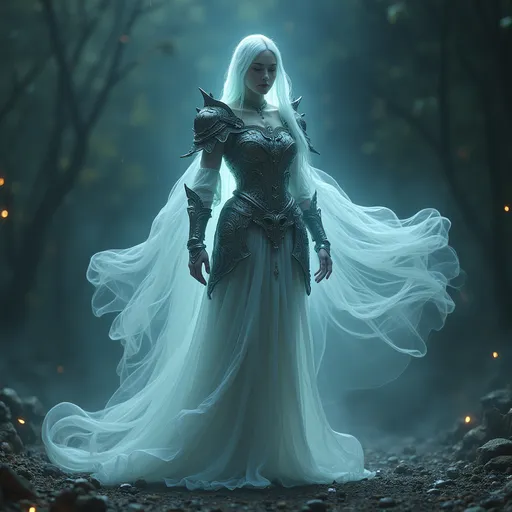 Prompt: realistic, (female ghost guardian), (hovering ancient spirit), transparent, ghostly appearance, illuminated, ancient medieval fantasy armor, eerie glow, tranquil atmosphere, surrounded by ancient treasure, tranquil mood, high detail, ultra-detailed, 4K resolution, captivating aura.