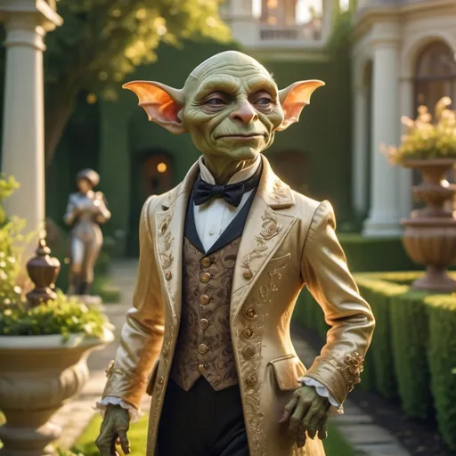 Prompt: (aristocratic goblin), dressed in luxurious (Victorian attire), elegantly strolling through lush, vibrant gardens of an opulent mansion, medieval fantasy, detailed foliage and ornate sculptures in the background, soft golden sunlight casting a warm glow, creating a charming and refined atmosphere, showcasing fine craftsmanship in clothing, high quality, (ultra-detailed), enchanting ambiance.