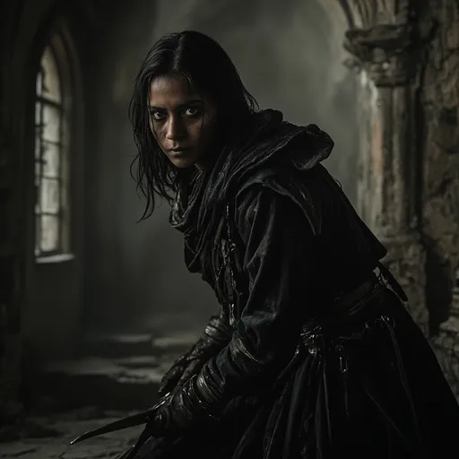 Prompt: Deadly Adivasi female assassin, lurking in the shadows of a grand medieval fantasy mansion, dark robe outfit, intense focus in her eyes, dramatic play of light and shadow enhancing her stealth, vintage atmosphere, intricate stone architecture in the background, eerie ambiance, heightened suspense, ultra-detailed, 4K resolution.