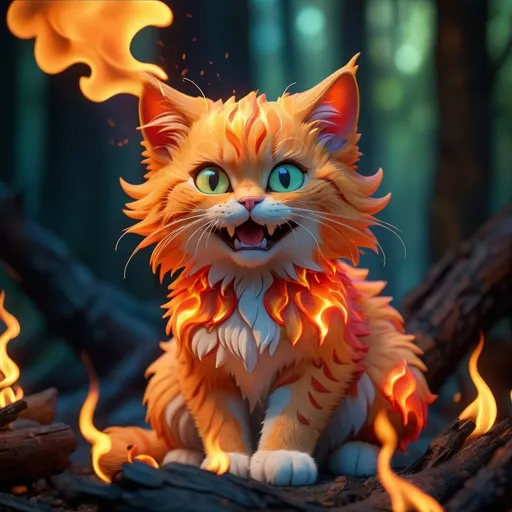 Prompt: (cat ablaze with flames), vibrant dynamic color tones, warm fiery hues, high contrast, dramatic lighting, fairytail setting, flame details throughout, surreal and powerful visual impact, dark background, ultra-detailed, 4K, cinematic masterpiece.