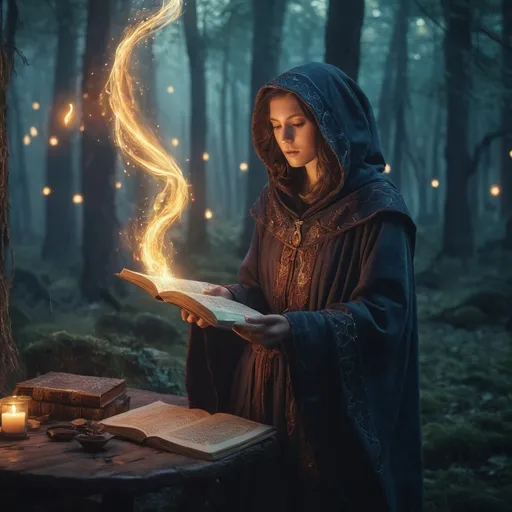 Prompt: Wizards apprentice on the road in a medieval fantasy setting, (illuminating spellbook), spells in the air, alena aenami style, oversized robes, vibrant and dramatic colors, magical atmosphere, swirling spell effects, ancient tomes and parchment, ultra-detailed, HD, high depth cinematic masterpiece.