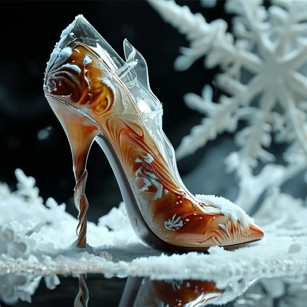 Prompt: (intricate snow crystal calf-high high heel boots), elegant design, new shapes,  lacquer style, reflecting light, strong flowing shapes, detailed craftsmanship, elegence, ultra-detailed, 4K resolution, exquisite visual composition,