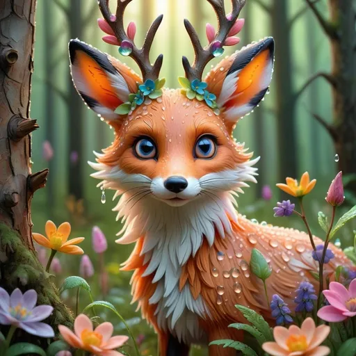 Prompt: Realistic forest illustration of a combination of bunny fox and a deer vibrant spring colors, intricate floral details, detailed dew drops, ethereal glowing aura, high quality, realistic, sunrays, badgers, birds, fluffy, colorful, detailed fur, glowing aura, springtime, woodland, detailed eyes, professional, ethereal lighting, birds