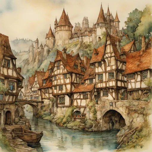 Prompt: <mymodel> Medieval fantasy town along a river, towering castle in the distance, immersive atmosphere, highres, detailed, medieval fantasy, vibrant colors, warm lighting, rustic charm, scenic landscape, oil painting,