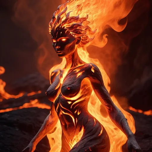 Prompt: (female humanoid fire elemental), body covering blazing flames, body of magma,  ethereal glow, flickering light, fiery aura, intense heat, swirling embers, charred ground, vibrant orange and red tones, high-contrast lighting, dramatic shadows, mystical atmosphere, otherworldly, inferno background, ultra-detailed, 4K, fantasy art, epic scene, high-intensity, mesmerizing blaze, darkened surroundings, smokey tendrils