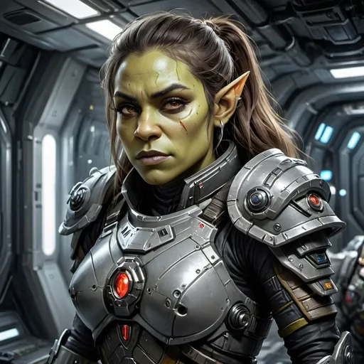 Prompt: Female Orc commander, DND character, (high-tech futuristic space outfit), (ready for battle), (tech battle armor), intricate details, laser rifle at the ready, illuminated armor panels, battle scars, sleek design, posture of confidence, (space station surroundings), spaceship and blinking control panels in the background, vibrant colors, contrasting shadows, immersive sci-fi ambiance, (4K ultra-detailed), dynamic energy.