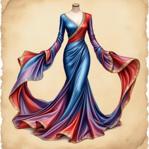 Prompt: realistic drawing of a glossy satin silk indian style weddingdress design, long sleeves, blue red and purple tones in style, intricately detailed drawing, elegant flowing shapes, rustic parchment background, soft texture contrasts, warm highlights, artistic presentation, dynamic angles, fashion illustration elements, high-quality craftsmanship, refined, inspiring, showcasing creativity and design excellence, beautiful composition.