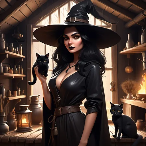 Prompt: digital art of a dark haired witch with adivasi features, adorned in smooth flowing black robes and sleek leather, her pointy hat`s wide brim casting an enchanting silhouette, a sleek cat perched gracefully on her shoulder, broom in hand, surrounded by the rustic charm of a cozy witches cabin, with a couldren and potions in the background, warm light filtering through wooden beams, inviting atmosphere, highly detailed, immersive, mystical ambiance, ultra-detailed, high quality.
