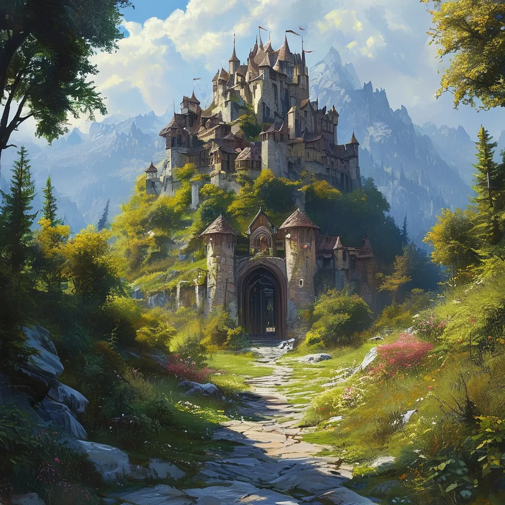 Prompt: (fantasy dungeon on a hilltop), medieval fantasy style, epic entrance, surrounded by (majestic mountains) in the background, serious atmosphere,  (natural colors), whimsical architecture,  high-quality scenery, (4K ultra-detailed), painting justin gerard style