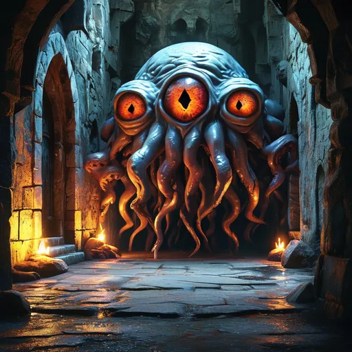 Prompt: (DnD beholder), (10 smaller eyestalks), (one big centre eye), dark dungeon setting, stone walls, eerie shadows, flickering torchlight casting ominous glows, high detail, dramatic lighting, atmospheric depth, (4K), intense and foreboding ambiance, mysterious textures and elements, captivating fantasy scene.