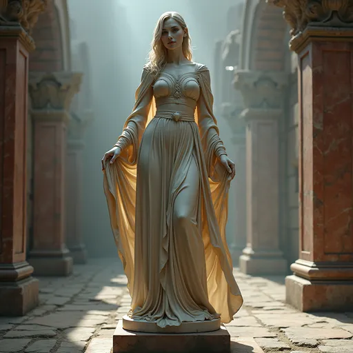 Prompt: realistc, Full female body, ((veiny white marble statue)) on a pedestal, gorgeous mistrerss with a strong face, smooth red veiny marble glossy surface, long leather medieval dress with body, dominant stance, looking over shoulder, set between ancient ruins, magical spells in the air