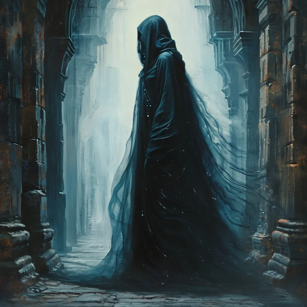 Prompt: oil painting, (invisibility cloak), (swirling magical black fog), intricately designed patterns, ethereal and enchanted atmosphere, medieval fantasy setting, shadows blending into darkness, glowing symbols suggesting deep mysticism, high depth and texture, dreamlike quality, surrounded by shadowy landscapes and ancient ruins, captivating and otherworldly vibe.