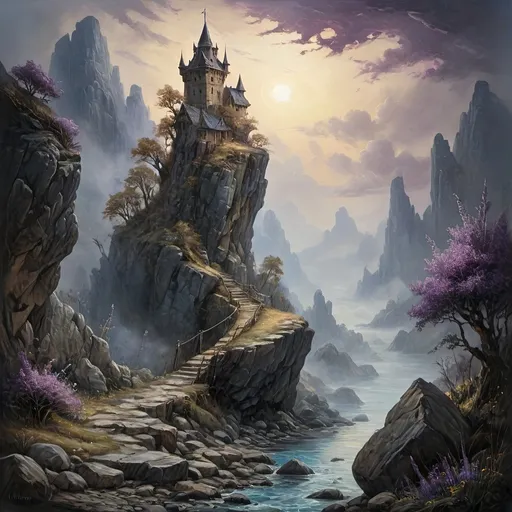 Prompt: (An oil painting of a rocky landscape with a stone magetower) in medieval fantasy style, anton pieck, dramatic lighting, Wisps of blue and purple illuminated fog, detailed textures, wild stream, a flying ship docked, enchanting atmosphere, foggy valleys, ancient stone structures, wildflowers, rustic charm, ultra-detailed, high resolution, golden clouds, masterpiece quality, deep shadows rich contrast, realistic proportions, intricate details, nature's grandeur